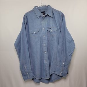 Wrangler Blue Chambray Long Sleeve Pearl Snap Shirt Men's Size 17.5 36 VTG